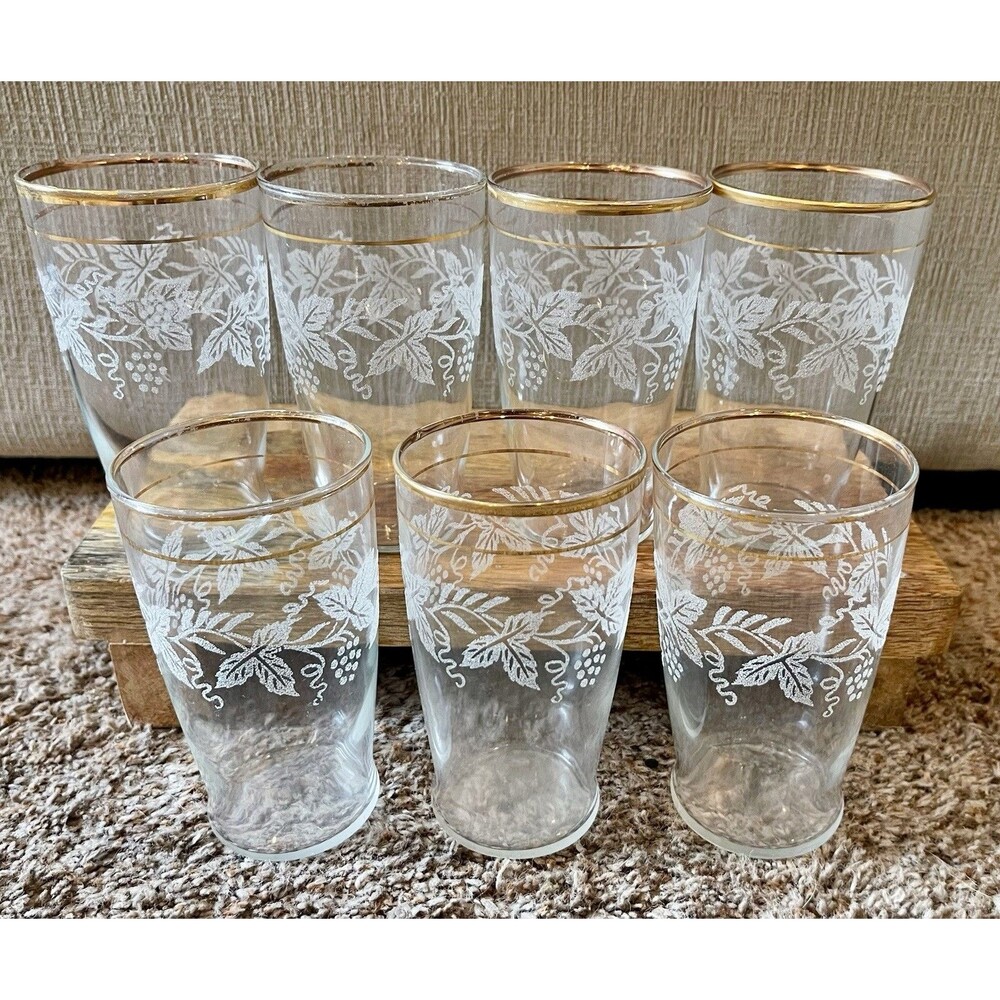 Vintage Bartlett Collins 806 Grapevine Frosted Tumblers Gold Rim Set of 7